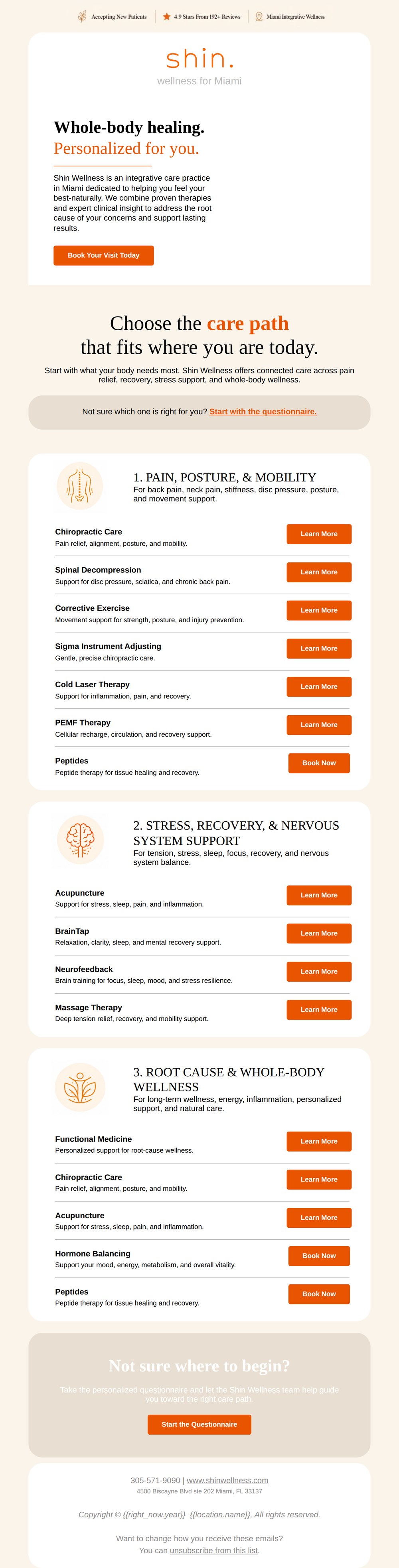 Shin Wellness services email, full design